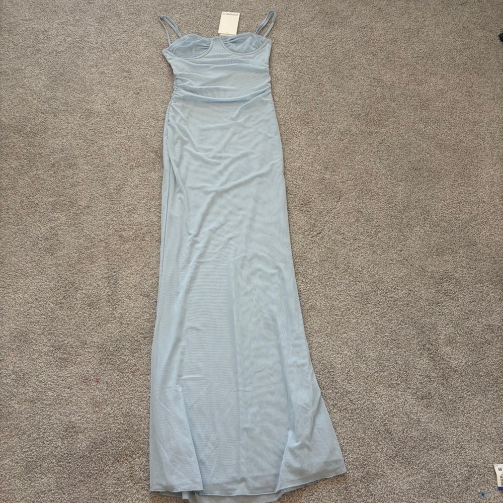 Peppermayo Anna Sophia Maxi Dress Light Blue Mesh Ruched Bustier US 4 NEW